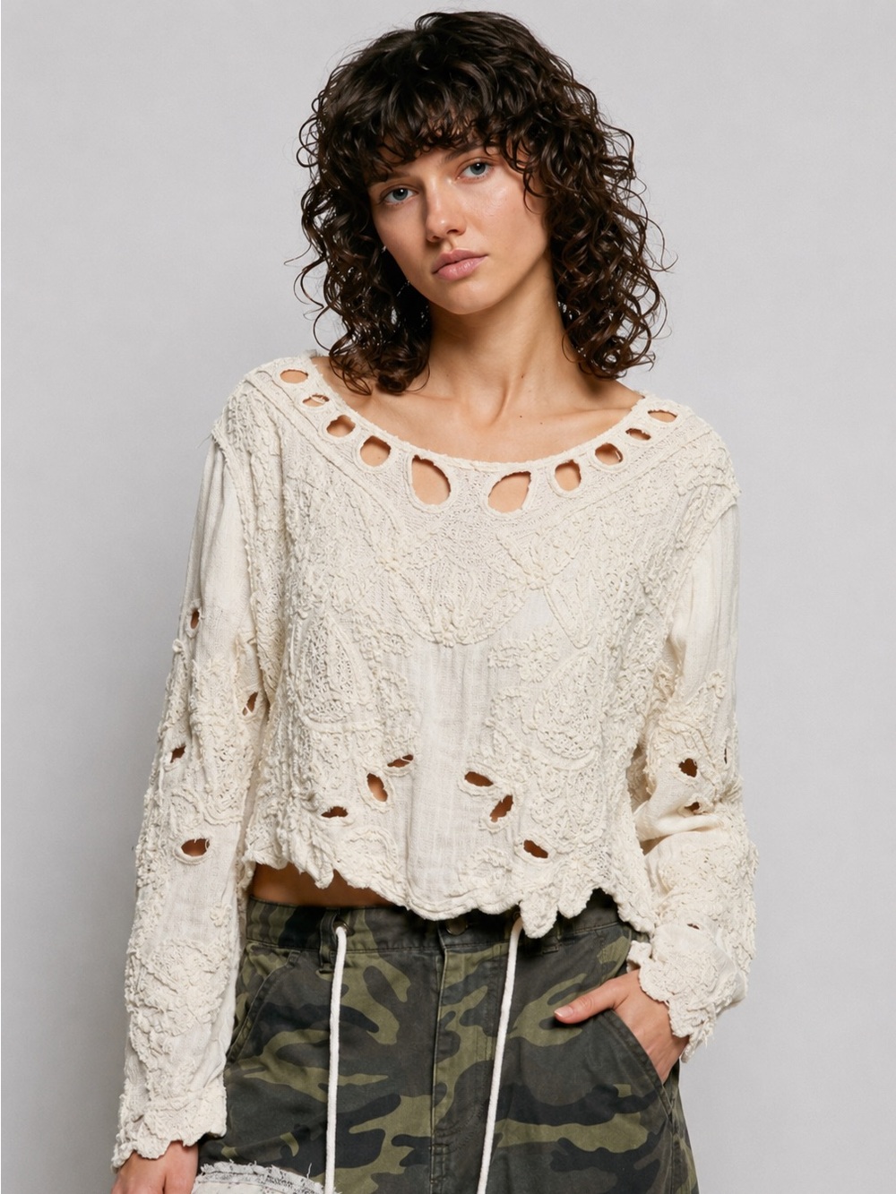 New POL crochet cotton la crop blouse top OS
